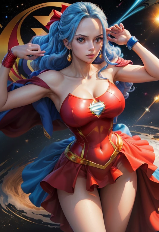 ()best quality)) ((Ultra Detalhado)) ((supergirl)) ((foto do corpo inteiro)) (( botas vermelhas)) ((com da roupa da supergirl)) ((rosto detalhado)) ((blue swimsuit)) ((big tits)) ((cabelo longo azul claro)) ((cabelo longo sedoso)) ((vivi one piece)) ((corpo atletico)) ((olhos atraentes)) ((sharp eyes)) ((corpo magro)) ((High-resolution shadows)) ((cores atrativas)) ((pulseiras de ouro)) , Apertado ,capa vermelha, symbol of superman, sombras claras, heroic pose, in space with the planets behind.