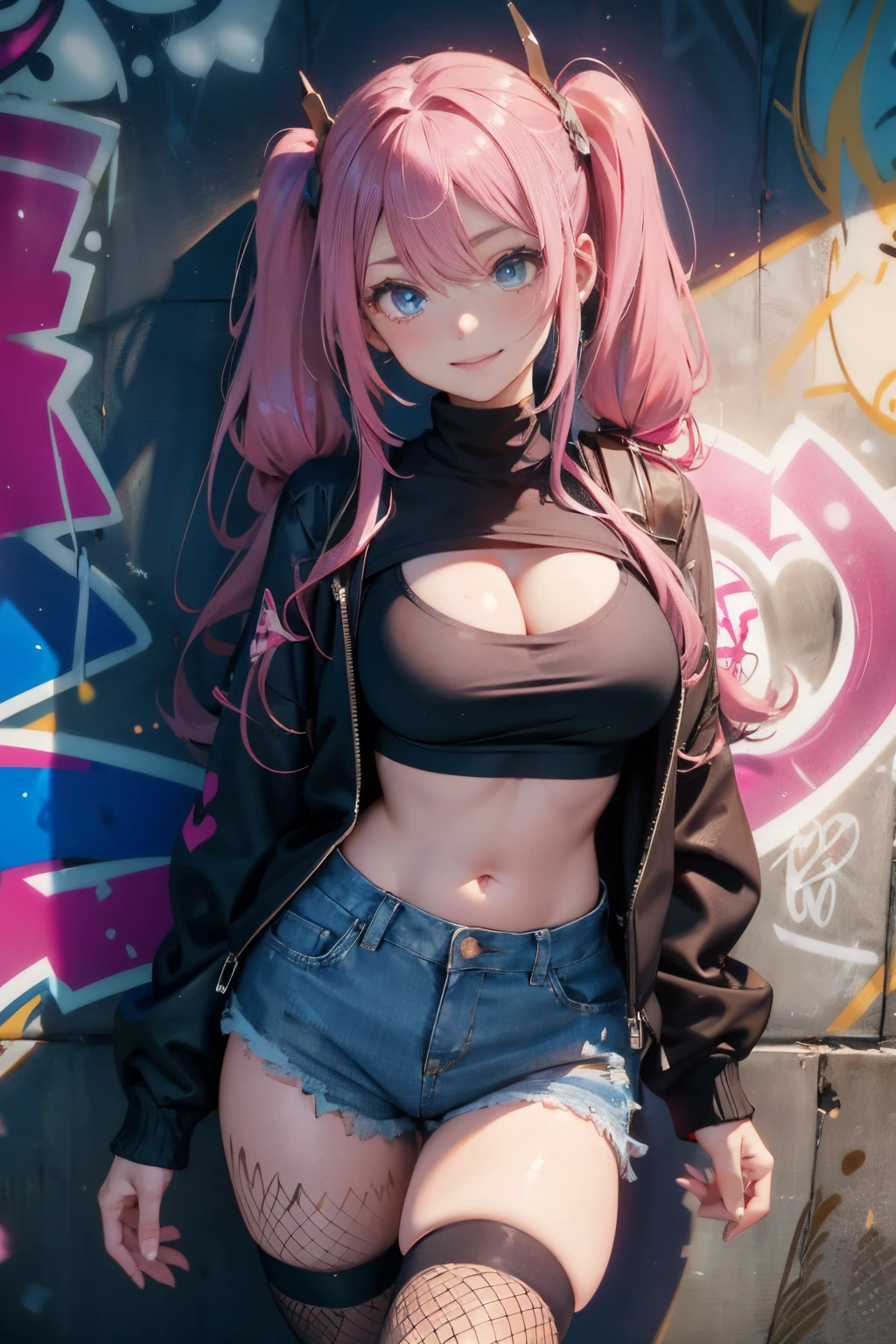 a 20 yo woman、Pink hair、Pink hair、long twintail、Big smile、cleavage of the breast、voluptuous breasts、Thighs at a glance、fishnet tights、＜Quality Improvement Prompt＞，(​masterpiece:1.2、top-quality)、(graffiti wall:1.2)、1lady、Beanie、jaket、leggins、blue eyess、full bodyesbian、