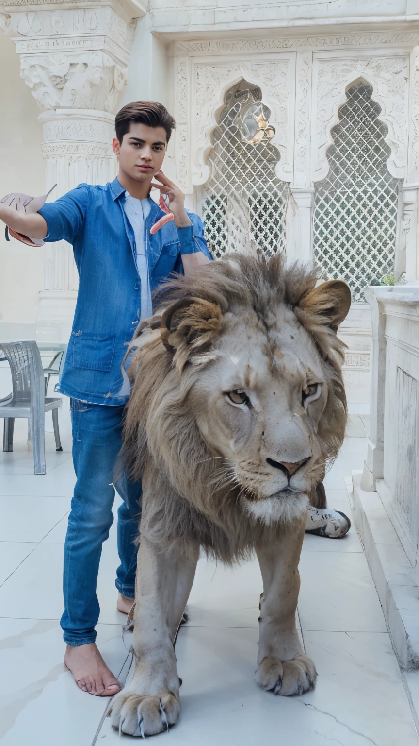 A 21 years handsome boy standing beside the real Lion, background change, 4k ulta hd image