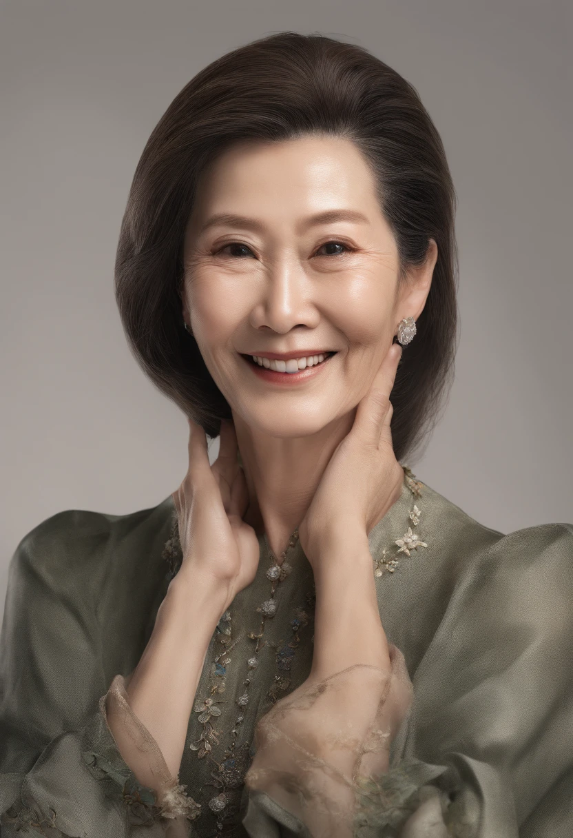 Middle-aged beauty、mature、Self-confident、Elegant facial features、Stand confidently、Smooth movements、keep good skin、Natural and charming smile、fashion innovation、Hairstyles that exude natural charm、hands crossed，Face forward