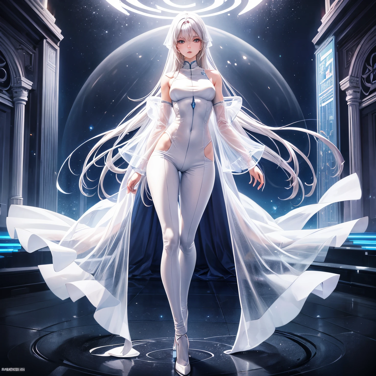 tmasterpiece, Beautiful urban female model, Standing in white transparent clothes under the empty night stars, Disappearing transparent pants, standing full-body, Tall figure, slender leg, detail in face, Detailed body part details, 8k wallpaper