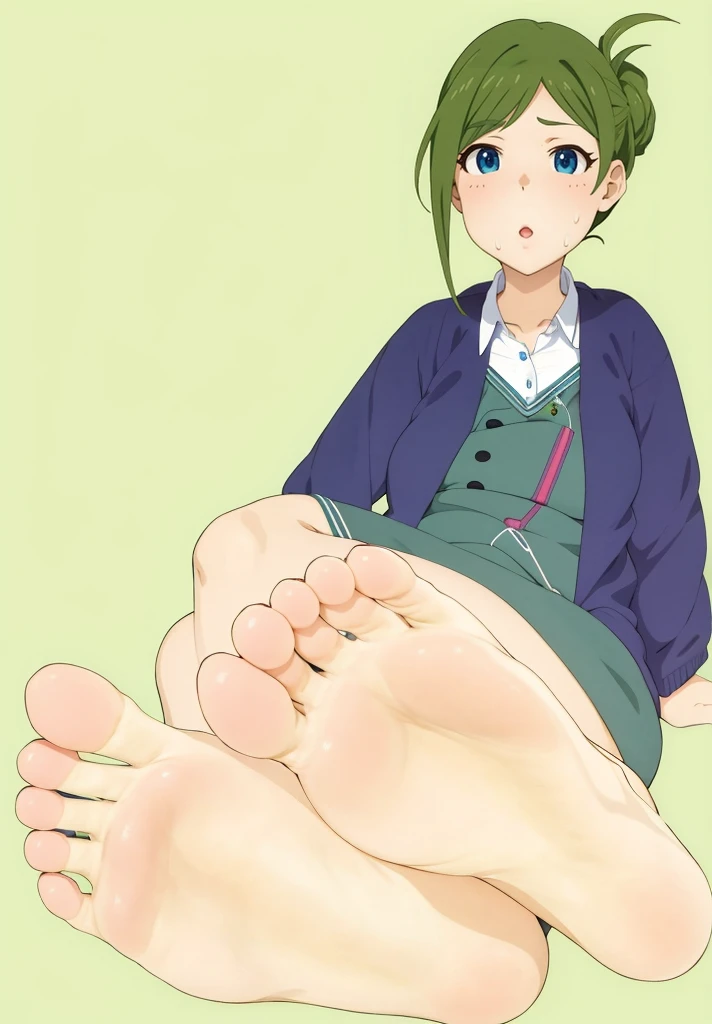 Anime girl with big legs and belly in a red shirt, giantess art, detailed foot pov, Foot Art POV, soft anime illustration, big legs, anime highly detailed, mid view from below her feet, digital anime illustration, The art of the foot, high soles, digital anime art!!, feet posing, SFW version, digital manga art, sole of feet, Close-up of the sole of the foot, Nanakusa Hazuki, The Idolmaster Shiny Colors, Sweaty feet