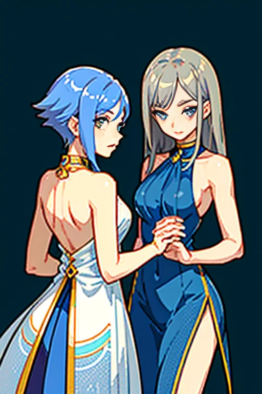 (Masterpiece, Top Quality, Best Quality),two girl, beautiful women, getting form the back, young, one naked, one with silver hair, one with blue hair, blush, D&D magician, sexy look