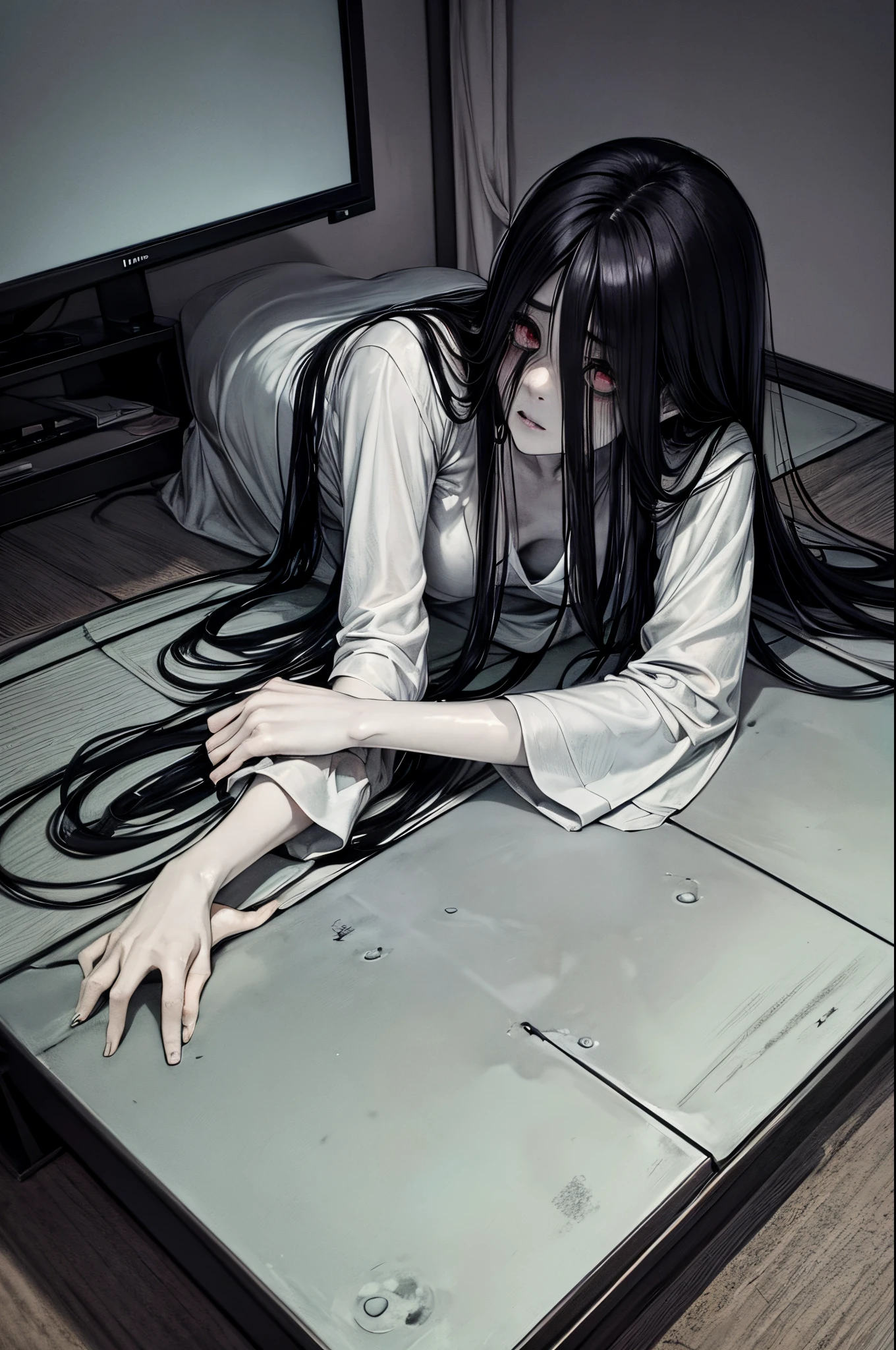 Sadako, soaking, wet robe, gray colored skin, Hair covers the face, sexy for.Sadako crawled out of the TV，A woman lying on the floor in front of the TV, japanese horror, style of hajime isayama, japanese horror movie footage, Junji Ito 4K, japanese pop surrealism