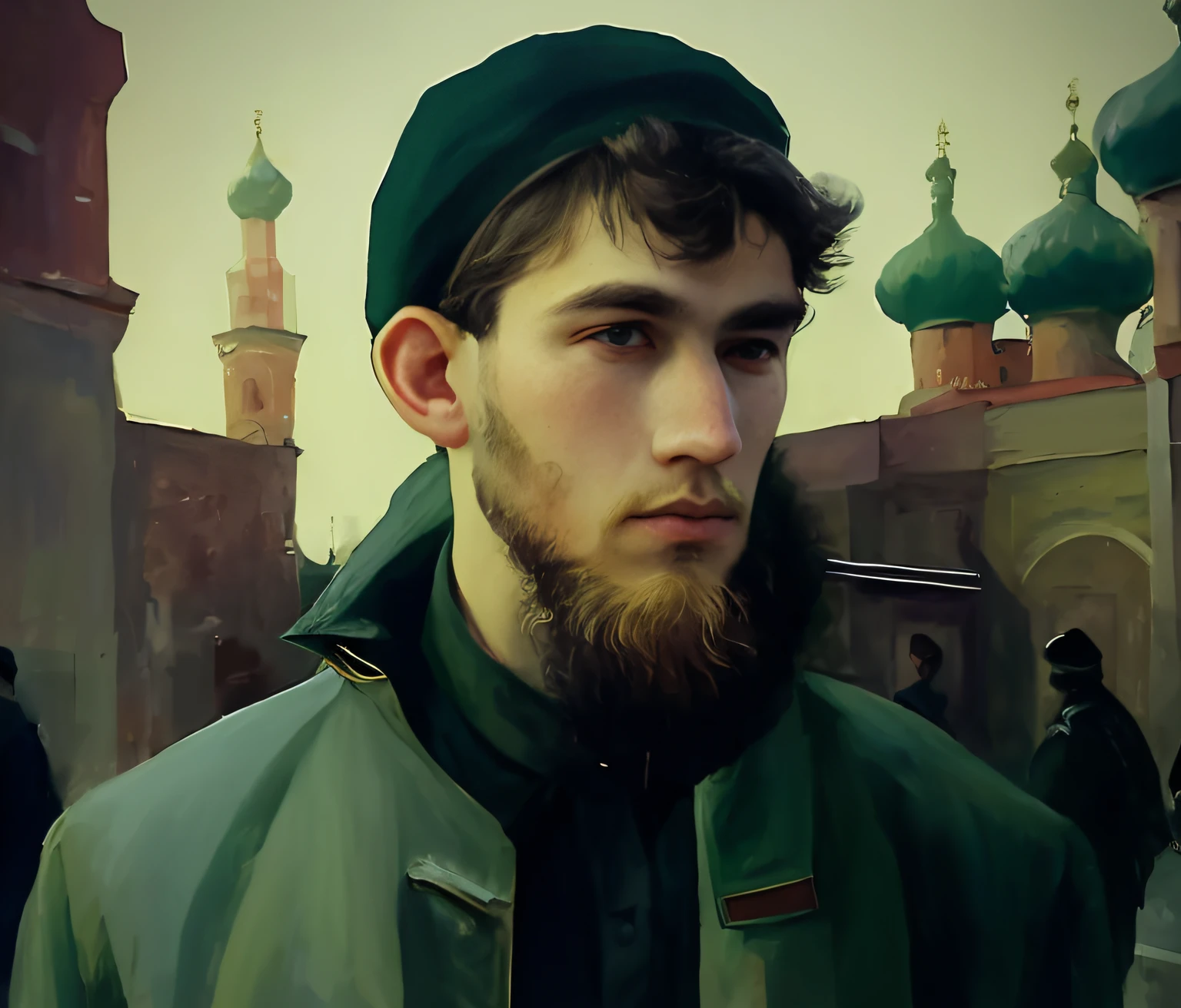 il y a un homme avec une barbe et un chapeau vert, Maxime Soukharev, inspired by Grigori Myasoyedov, in an oil painting style, inspired by Igor Grabar, inspired by Zlatyu Boyadzhiev, inspired by Alexey Venetsianov, Dans le style de Kyrill Kotachev, Leonid