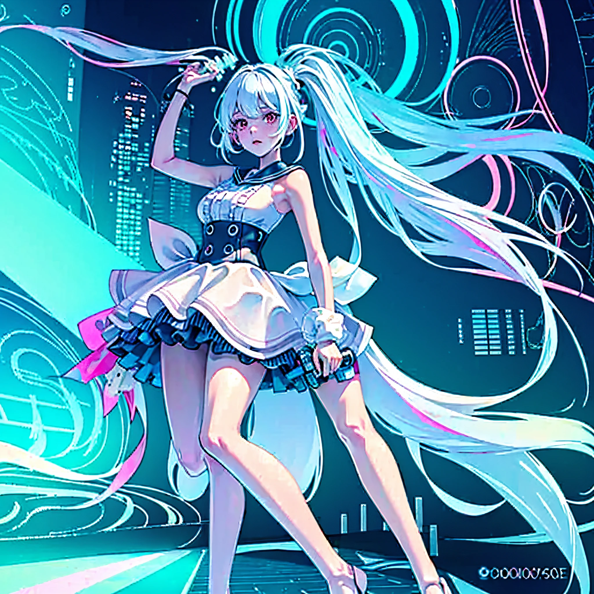 official art, unity 8k wallpaper, ultra detailed, beautiful and aesthetic, masterpiece, best quality, realistic, horns, blush, long hair, white hair, streaked hair, red eyes, hair bow, mole under eye,  red akirabike, riding bike, night, cyberpunk city view, epic screen, school uniform,