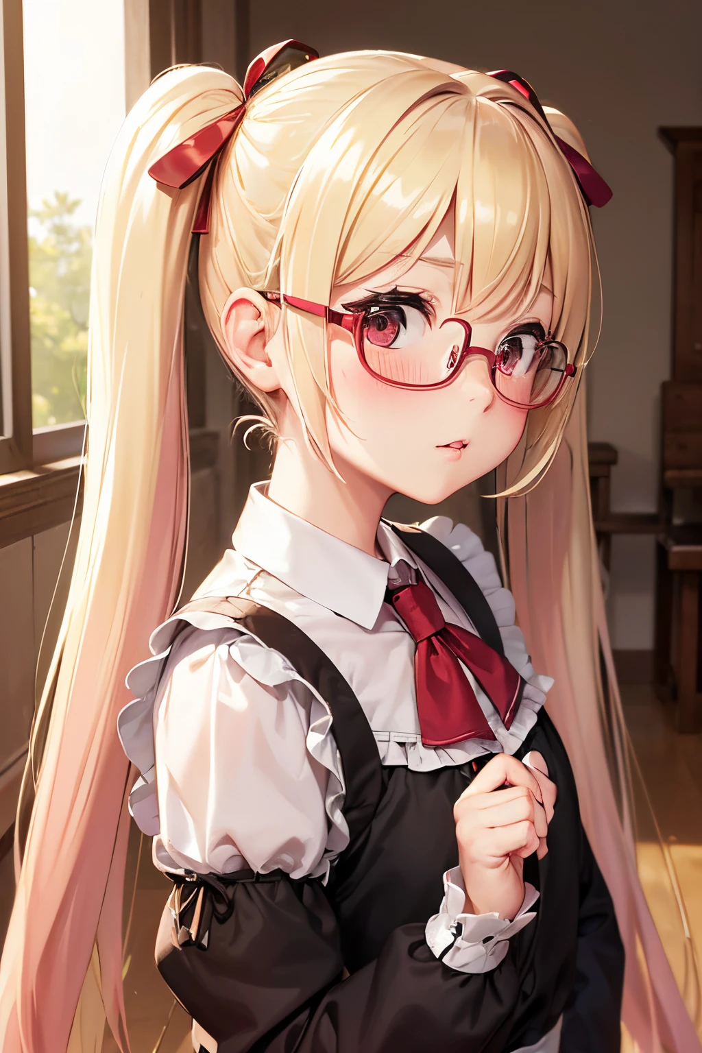 (Best Quality, masutepiece), 1girl in, Dappled sunlight, Indoors, Glasses, Shy, (((1 girl))), (((5--old l))), (Goosebumps:0.7), Beautiful face, (eye line, lip stick:0.9), 4K, 8K, nffsw, nffsw, Detailed background, Background,(((With blonde twin tails))),,,((())),((())),((())),((())),((())),(((Angle from the side))),(((red blush))),(((Cute voice))),,((())),,(((SFW))),(((kawaii pose))),