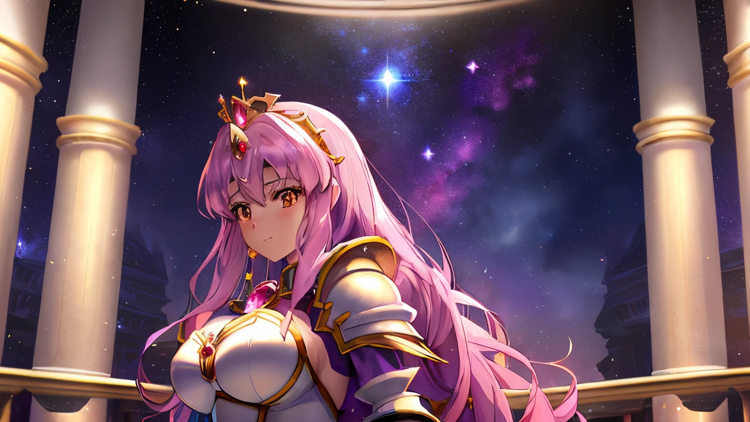 Close-up of a woman in a white dress costume holding a sword, knights of zodiac girl, portrait knights of zodiac girl, Woman with long purple hair, Brown-eyed woman, anime goddess, rei hino as a princess, Muscular woman, feminine and muscular, Shining ruby armor, oppai, huge tit, had very large breasts, ((a beautiful fantasy empress)), Enchanting Queen Night, Dressed in light armor, Dress Armor Lady, Galactic Queen, Crystal Ruby Armor, a matural female, High quality anime art style, smooth anime cg art, tall, Adults, Queen Night, digital manga art, magical girl anime mahou shojo, ruby queen, Ruby reflective armor,