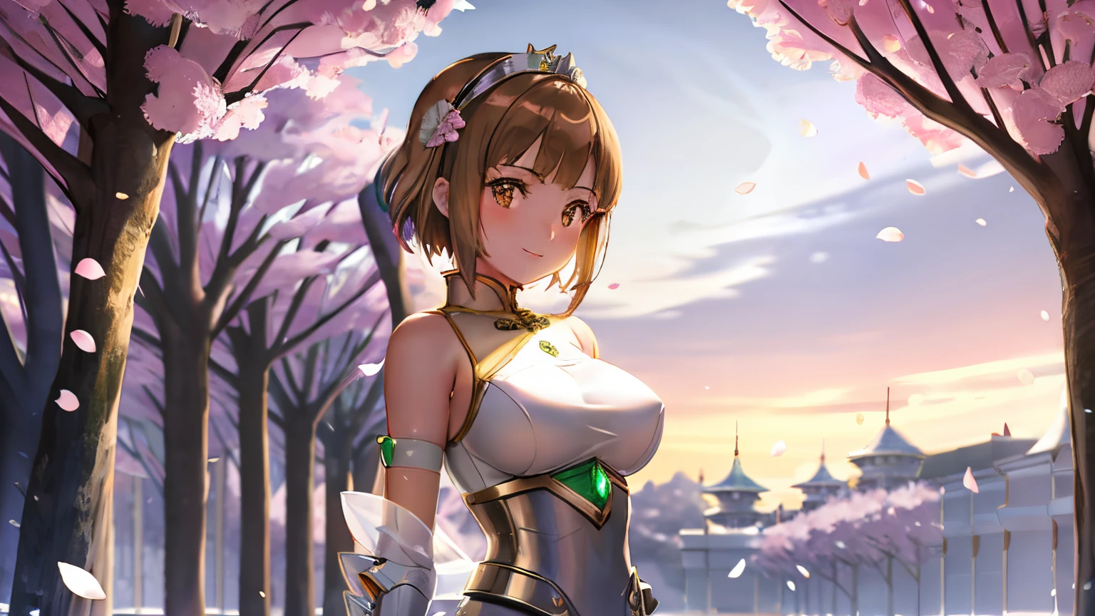 Anime girl in a white cheongsam with a bow and arrow, Knight of Sodiak Girl, Sodiak Girl Portrait Knight, Short brown-haired girl, Brown-eyed girl, Chignon Cap, White cheongsam, Emerald armor, Dress Armor Girl, seductive princess knight, anime fencer, Smooth Anime CG Art, oppai, huge tit, short, sakura petals around her, shuushuu anime image, Princess Knight, princess intergalactica, Crystal Emerald Armor, Emerald Princess, Emerald reflective armor, High quality anime art style,