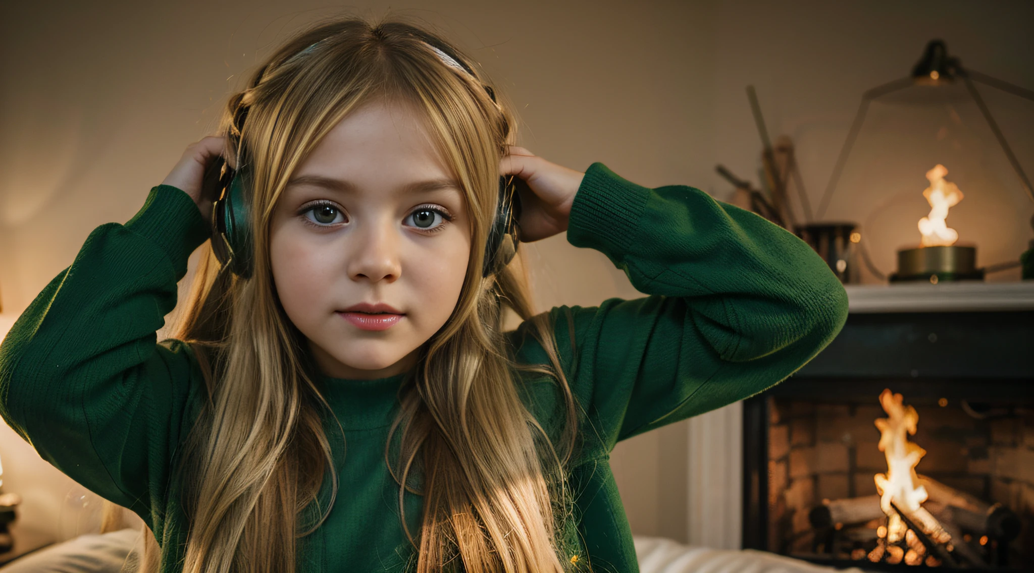 Russian blonde girl ,halo on fire CHILD girl with long hair wearing a green sweater and muffled black ears.