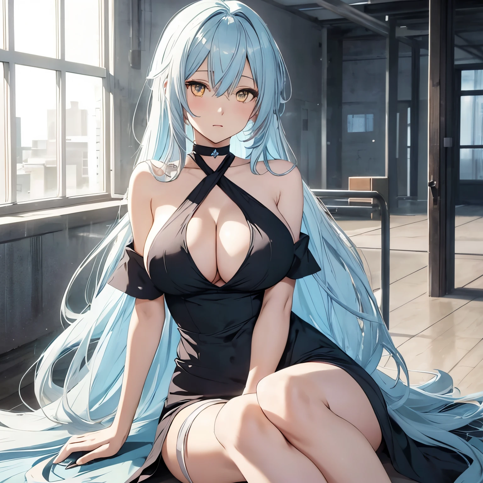 Anime, female, light blue hairs, yellow eyes, long hair, massive boobs, short dress, thigh, bare shoulder, collarbone, sitting, looking at viewer, in building, black dress