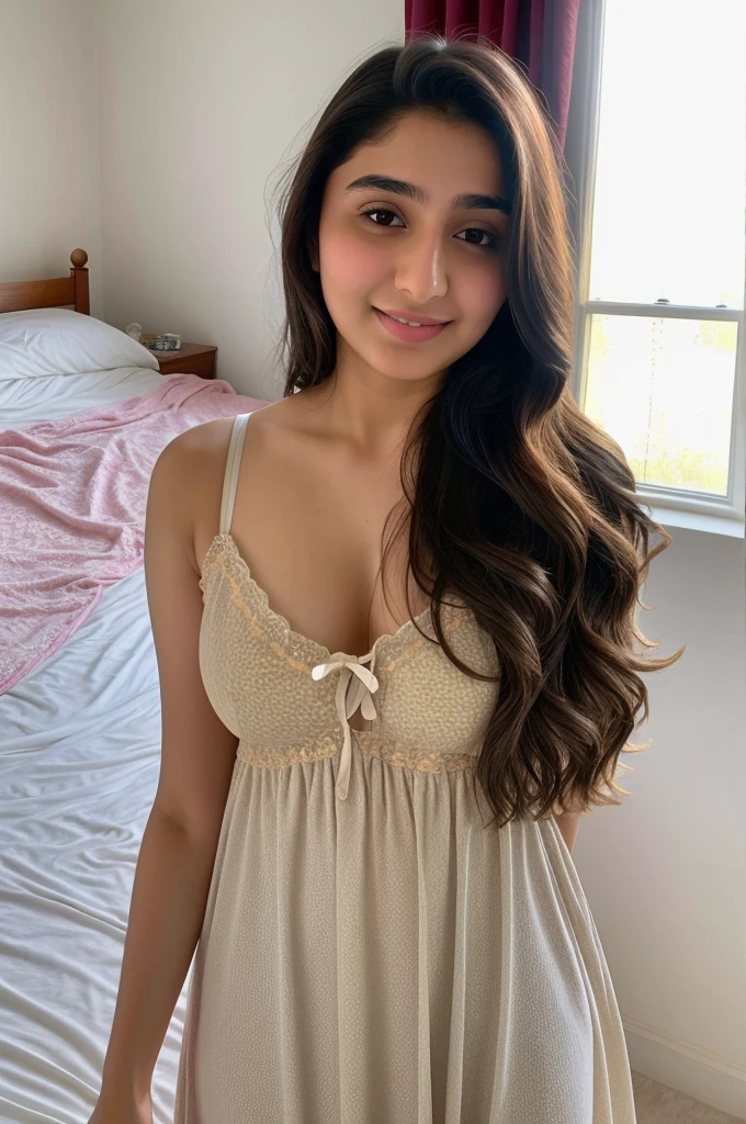 Instagram photo,  girl named reema khan, wearing nightgown, selfie taken on iphone 15, bedroom, perfect body, looking at viewer, sunkissed, sunlight, without bra