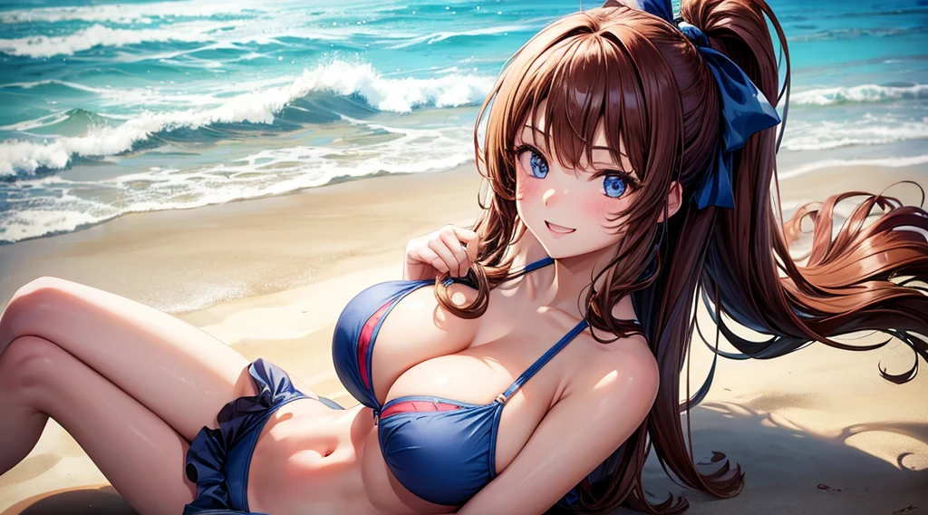 1girl, solo, full body, beach, long hair, chestnut hair, curly hair, ponytail, huge breasts, ((blue bra)), bikini, dark blue eyes, smile, looking at the viewer, running, hair ribbon