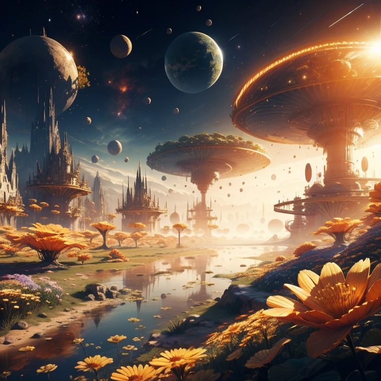 many metallic flowers grown on gold, gold planet, landscape
