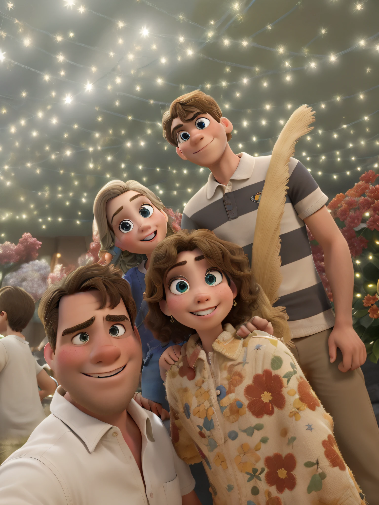 Obra-prima ao estilo Disney/Pixar in high quality and high resolution.  The front right is a girl, the man left is a man, the right behind is a boy and left behind is a woman with blond hair