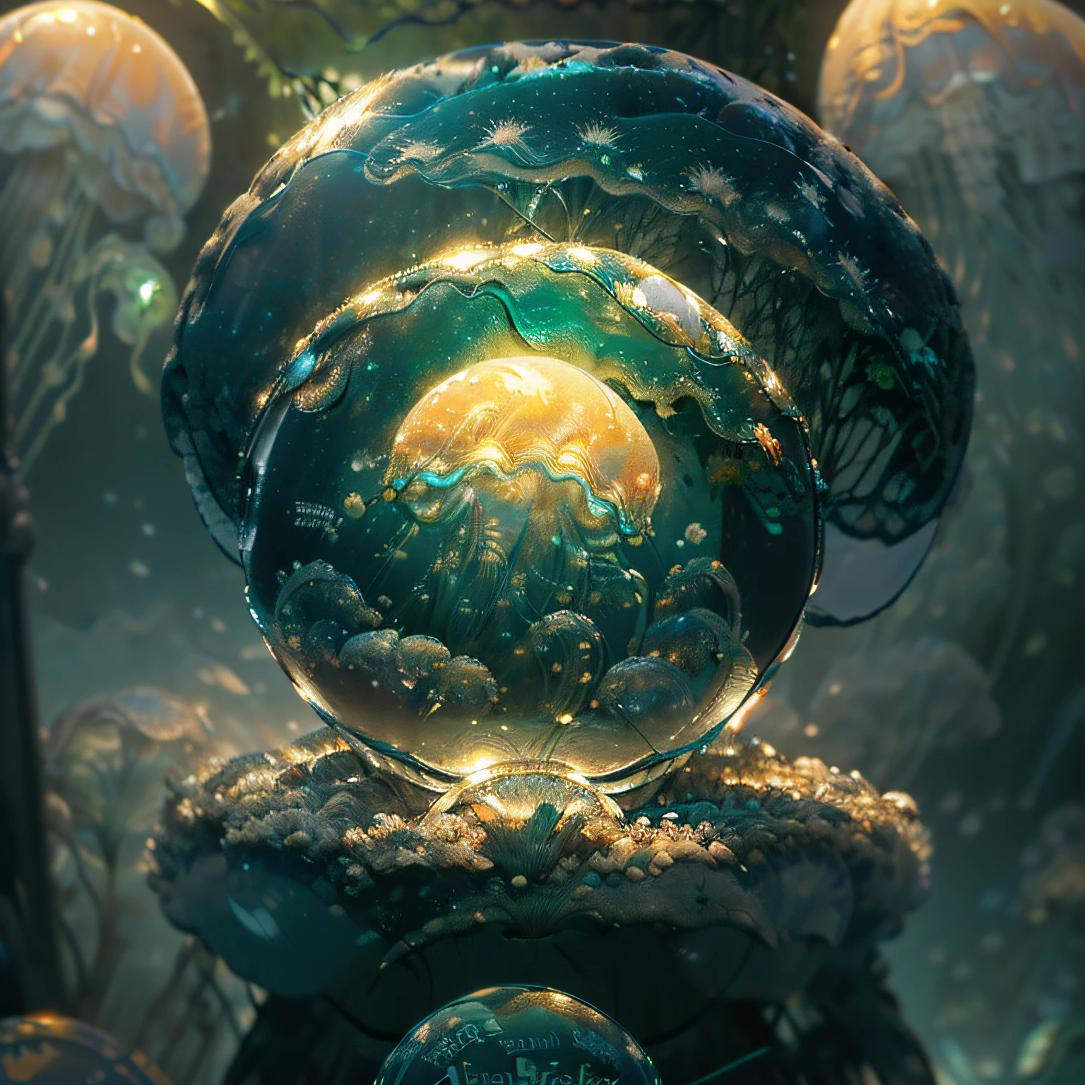 Ultra-realistic, 16K high resolution, (Max Sharp Focus: 1.3), (Max Close-up: 1.5), (Electric jellyfish trapped in a crystal ball with a pedestal on a table: 1.7), (Seaweed forest, ice, coral reef: 1.5),