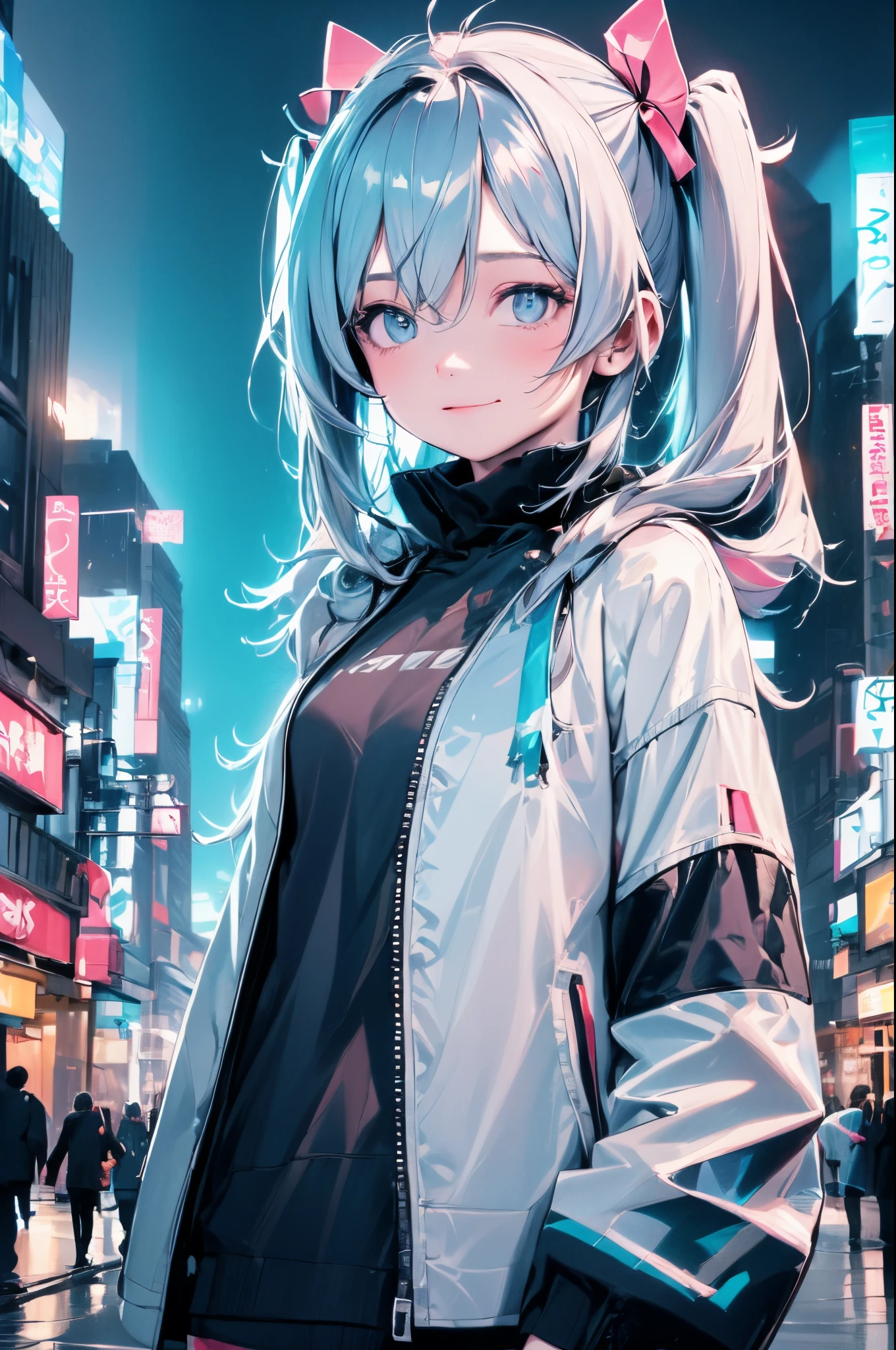 (extraordinary、Best-aesthetic、new、Latest、best qualtiy、​masterpiece、A highly detailed、animesque、waifu:1.2)
BREAK 
1girl, 独奏, silber hair, blue eyess, White jacket, a street, natta, neon light,miku hatsune