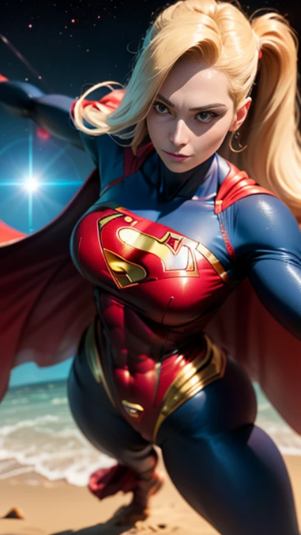 ((best quality)) ((Ultra Detalhado)) ((supergirl)) ((foto do corpo inteiro)) (( botas vermelhas)) ((com da roupa da supergirl)) ((rosto detalhado)) ((blue swimsuit)) ((big tits)) ((cabelo longo loiro)) ((cabelo longo sedoso)) ((ino)) ((corpo atletico)) ((olhos atraentes)) ((sharp eyes)) ((corpo magro)) ((High-resolution shadows)) ((cores atrativas)) ((pulseiras de ouro)) , Apertado ,capa vermelha, symbol of superman, sombras claras, heroic pose, in space with the planets behind.