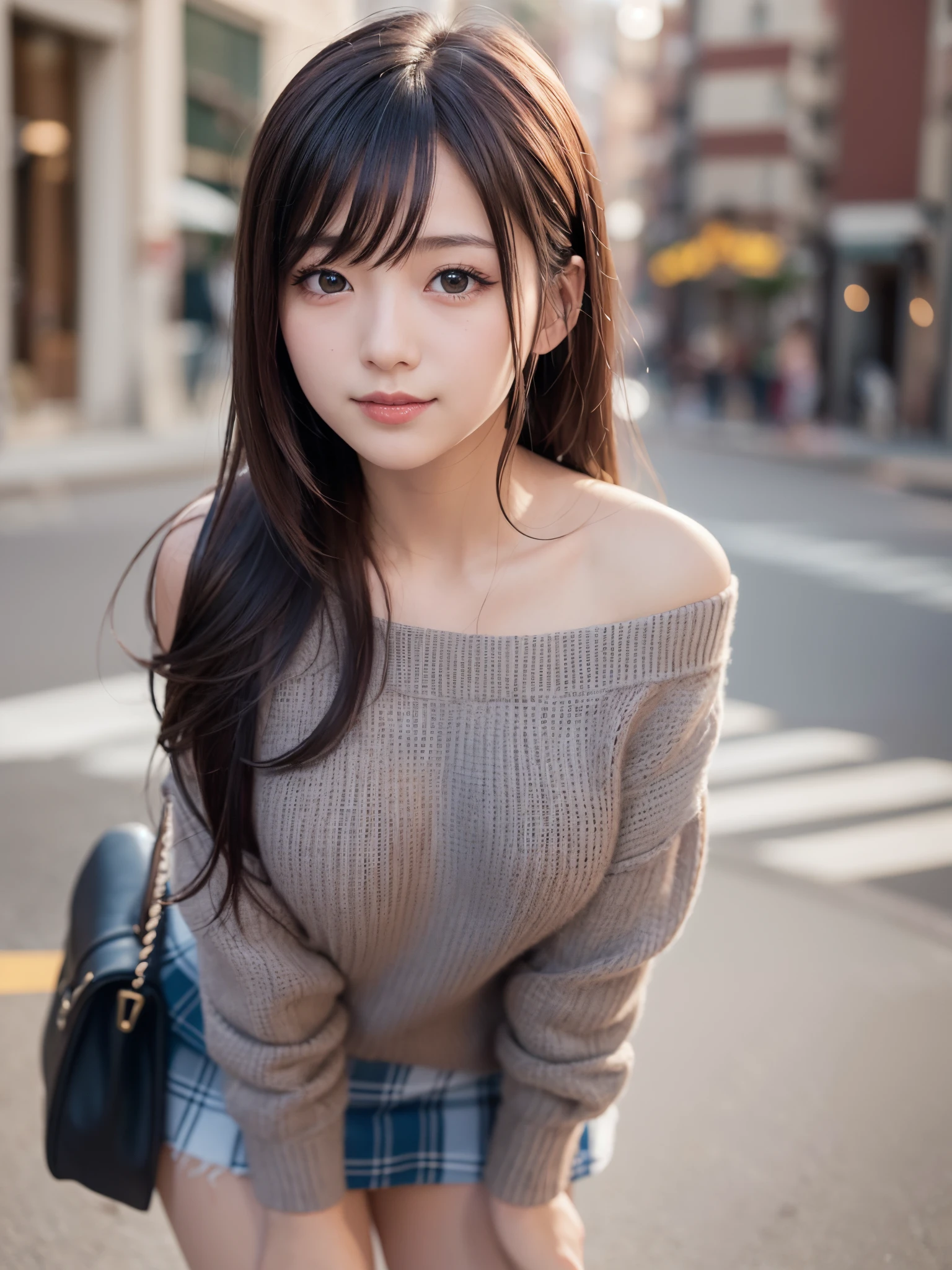 ((masterpiece)), ((best quality)), (ultra-detailed), ((kawaii)), cute, (lovely), ((extremely detailed)), 4K, (8K), best quality, (beautiful), realistic, real, dynamic angle0, front view,a Japanese young pretty girl ,city, glamorous figure ,long bob hair ,1girl, solo, (Off-the-shoulder knit) ,(checked miniskirt), ((beautiful eyes)), barge breast, a big smile, hyper cute face, glossy lips, double eyelids for both eyes, natural makeup, shiny smooth light brown hair of long bob hair, asymmetrical bangs, high resolution, high detail, detailed hairstyle, detailed face, cinematic lighting, octane rendering, hyper realistic, perfect limbs, perfect anatomy