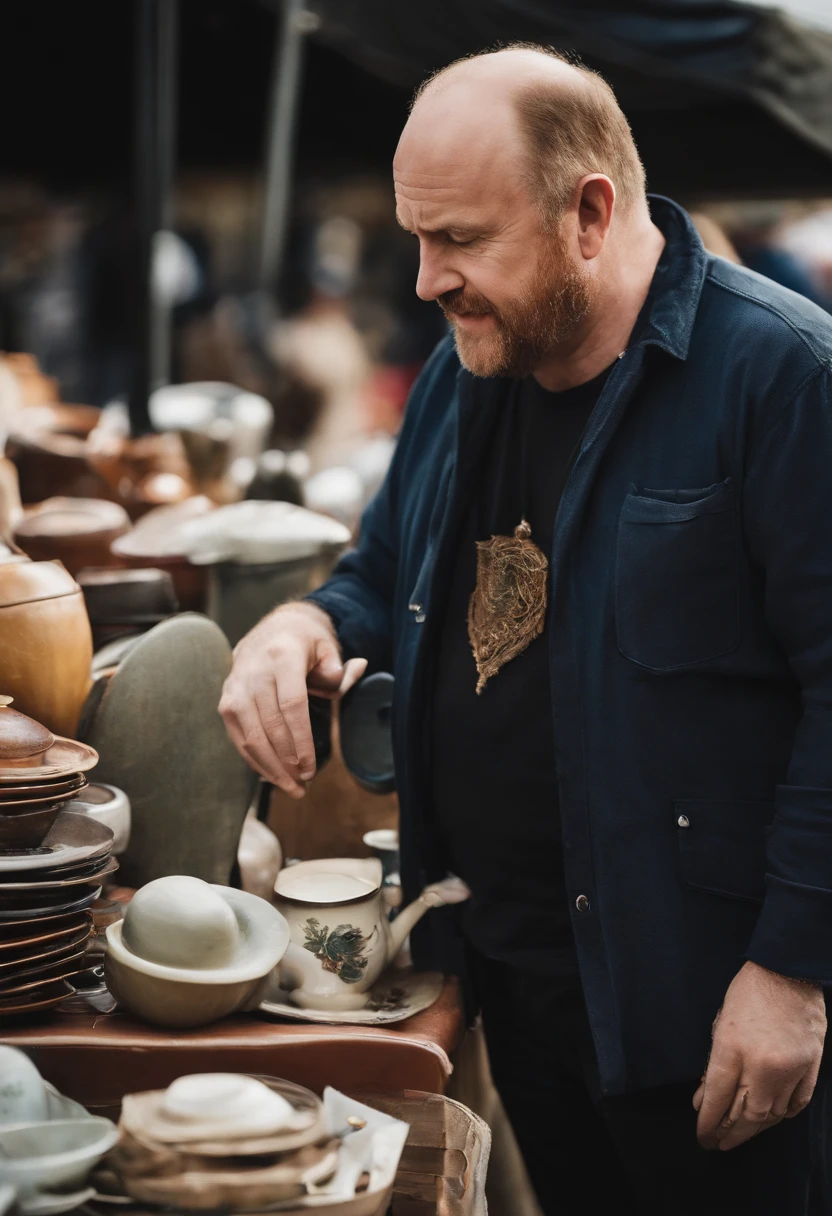A photo of me browsing through a selection of unusual and quirky vintage items at a flea market.,stand-up comedy and television,Louis CK, a prominent figure in stand-up comedy and television, is known for his everyman appearance, often sporting a casual, unassuming look with plain black or navy t-shirts paired with jeans. He has a balding head, a fair complexion, and typically presents a somewhat disheveled, unpolished appearance, embodying the persona of an average middle-aged man.