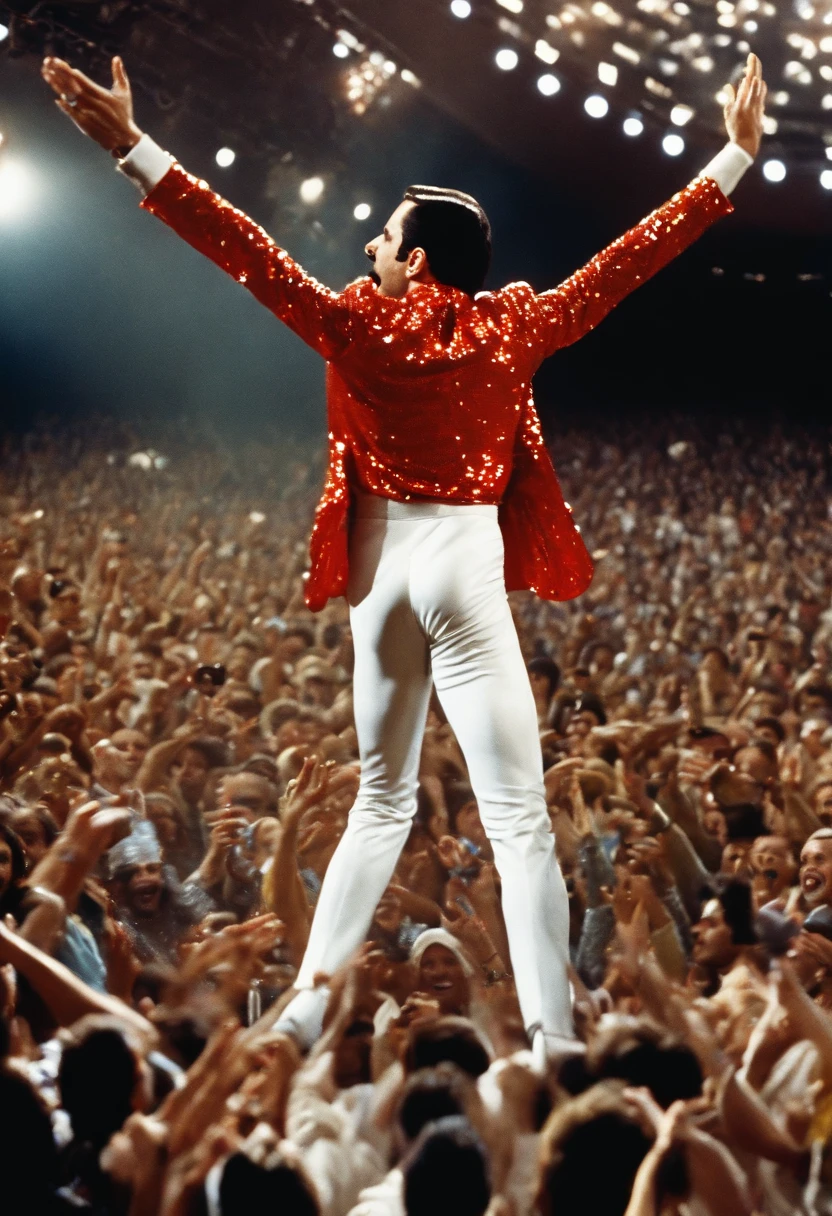 The image is of Freddie Mercury in a dazzling silver sequined jumpsuit, leaping in the air with a crowd of adoring fans in the background.,original,Freddie Mercury
