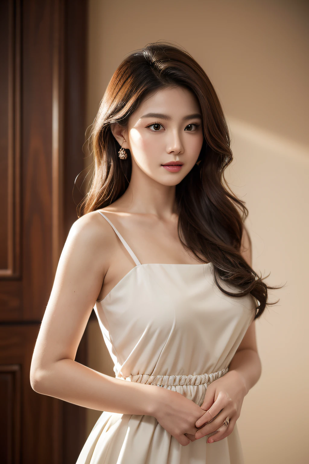 (best quality,highres,ultra-detailed,realistic), a confident middle-aged beauty standing with an elegant and poised posture, stylishly coiffed hair flowing gracefully, dressed in tasteful attire. Her hands are crossed in front of her as she faces forward. The lighting accentuates her features, casting subtle shadows and highlighting her natural beauty. The overall color tone is warm and vibrant, adding depth and richness to the scene. The artwork is crafted with meticulous attention to detail, capturing the essence of the woman's confidence and grace. The medium used is a mix of fine art painting techniques and realistic digital rendering, resulting in a masterpiece that blends traditional and modern aesthetics.