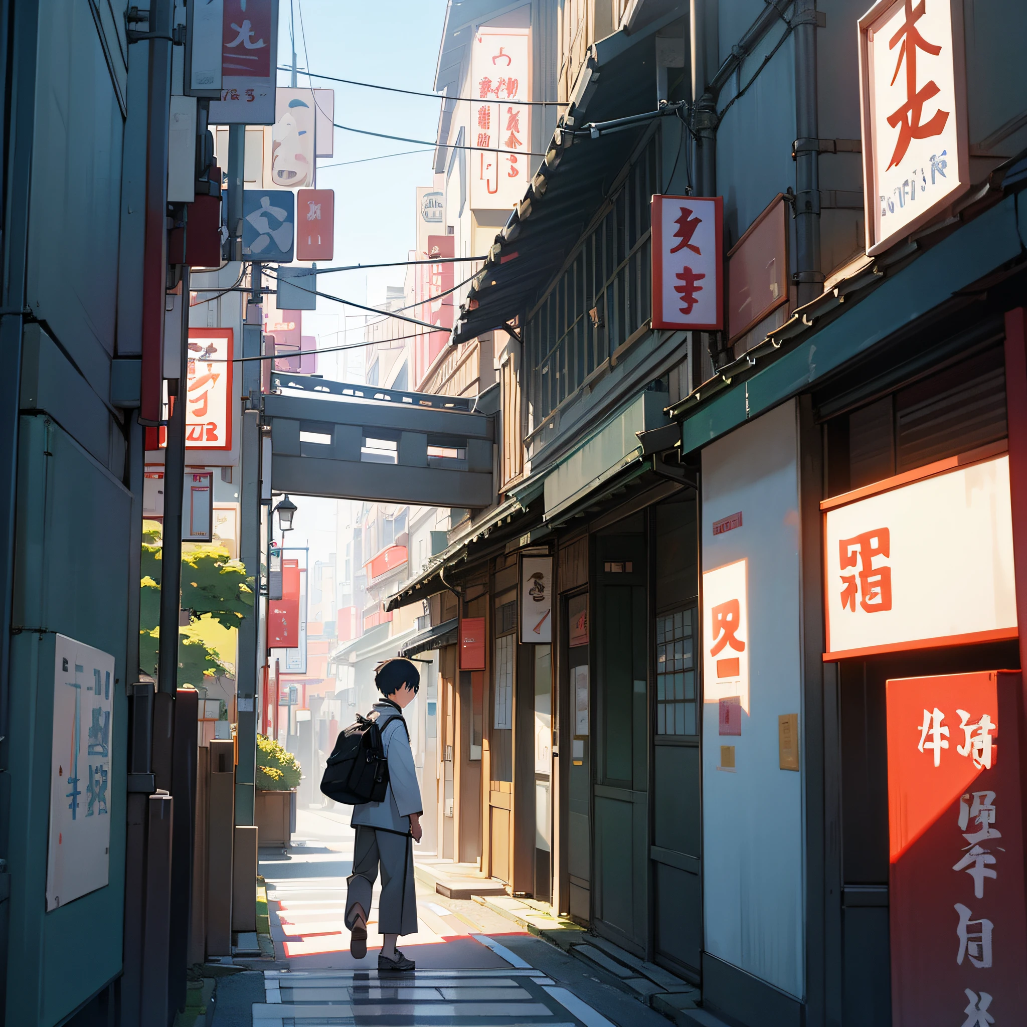 A boy walking in japan street, he saw a beautiful view, digital art
