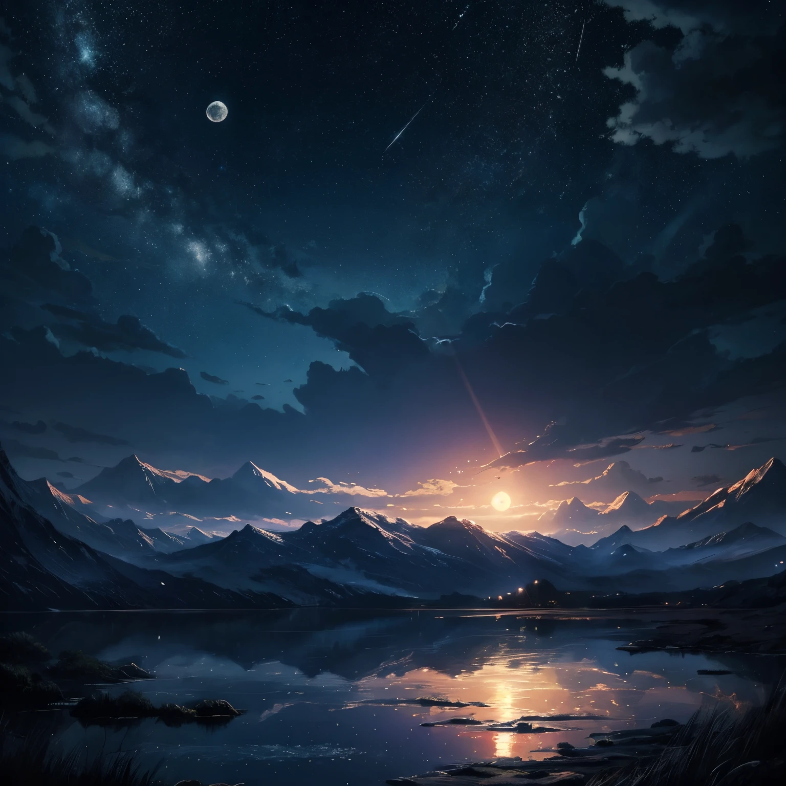 Highly condensed beauty dressed in paintings of stars and moon in the river and sky, concept art inspired by Tosa Mitsuoki, pixiv Competition Winner, Best Quality, Fantasy Art, Beautiful anime scenes, Round of the bright moon, Starry sky environment under moonlight, Dream painting, Anime Background Art, Dream landscape painting, Fantastic night, Anime Background, background artwork, Fantastic art, atmospheric anime, Starry sky, Detail Enhancement.