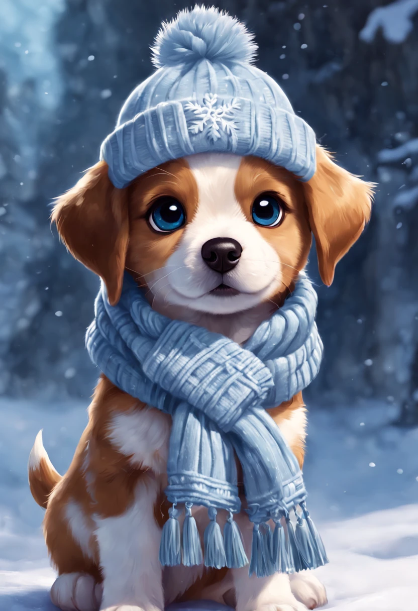 A cute puppy wearing a winter hat and scarf, fantasy, cartoon, Disney, pixar, realistic style, concept art,, Style AI Midjourney