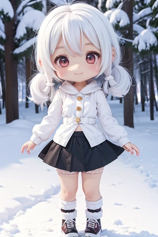 girl, ((loli)), medium hair, ((small breasts)), shorts under skirt, white hair, kawaii, (((chibi))), snow, white kneehighs, light smile, looking at viewer, uwabaki, (running),