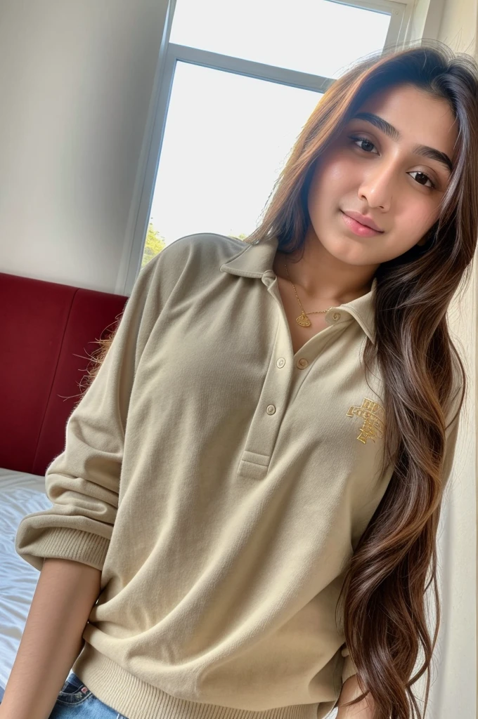 Instagram photo, girl named reema khan, wearing casual outfit, closeup selfie taken on iphone 15, bedroom, perfect body, looking at viewer, park, sunkissed, sunlight