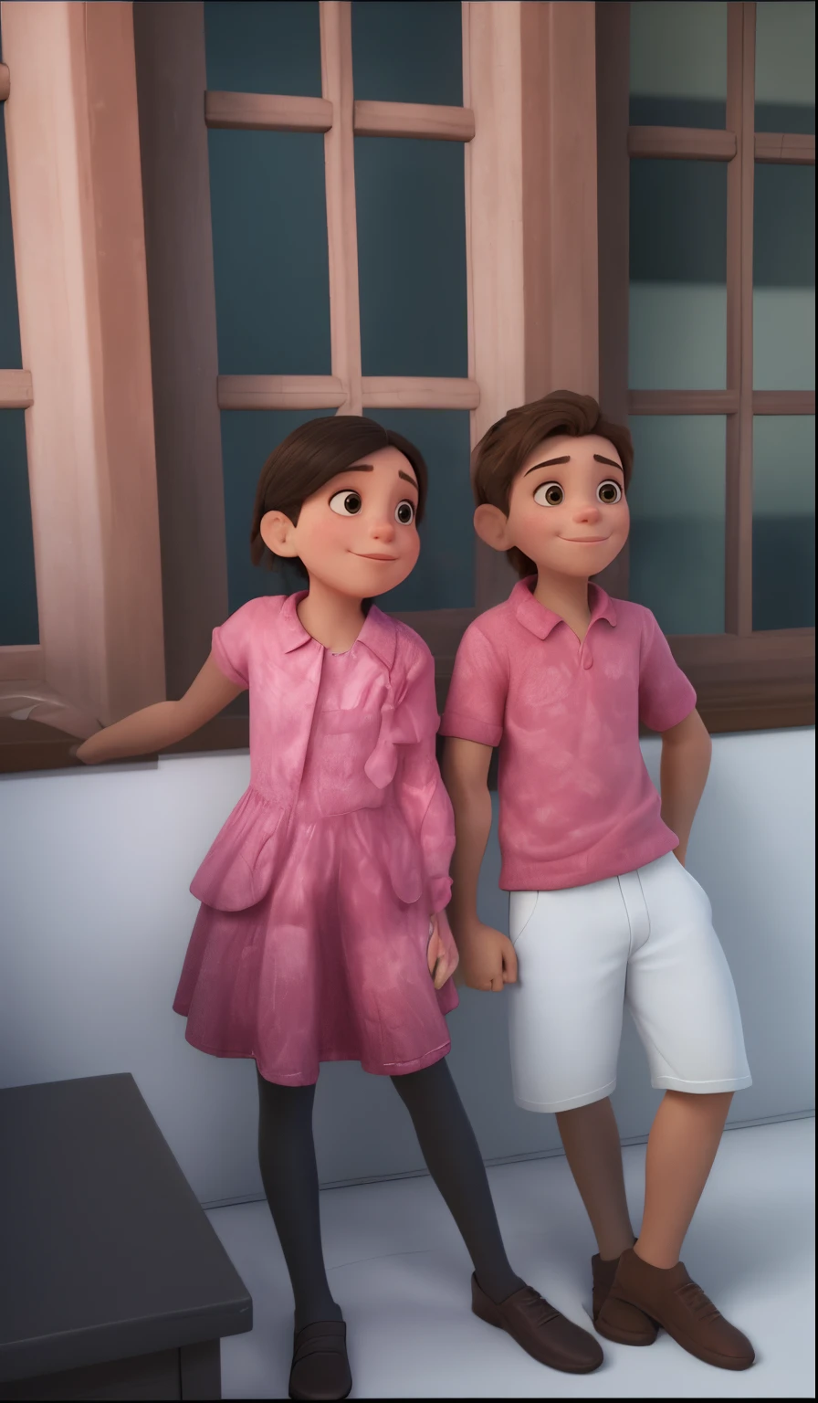 The girl on the left is wearing a pink dress She is very white and beautiful The boy on the right is wearing a pink shirt They are both smiling and they are two very cute children Behind them is a large window The girl was taken with hands down