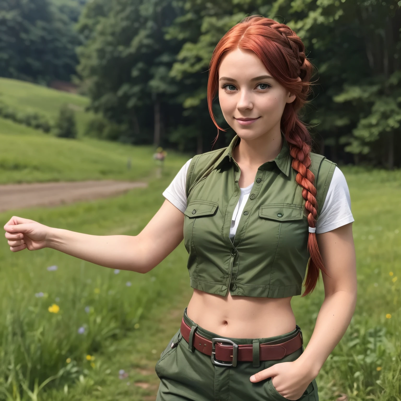 1 girl, Stardew valley Leah, red hair, 25 years old, single braid, green short sleeve shirt, dark green vest, dark gray cargo pants, tan hiking boots, wearing belt, small amount of tummy showing