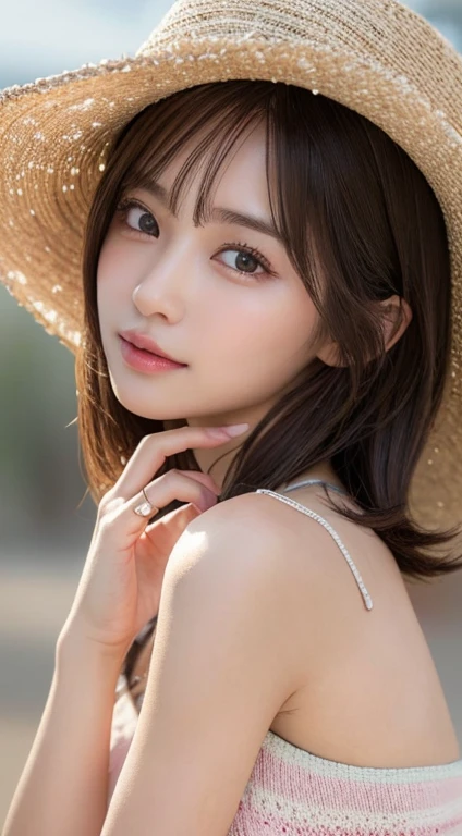 ((Best Quality, 8K, Masterpiece: 1.3)), (Flower Cap: 1.3), Focus: 1.2, Perfect Body Beauty: 1.4, Buttocks: 1.2, (Layered Haircut: 1.2)), (beach : 1.3), Very Detailed Face and Skin Texture, Full Body, Smooth Eyes, Double Eyelids, Pure white skin, Long Hair, 1 8 years old, (Round Face: 1.5), (full nude, medium breasts,: 1.6)