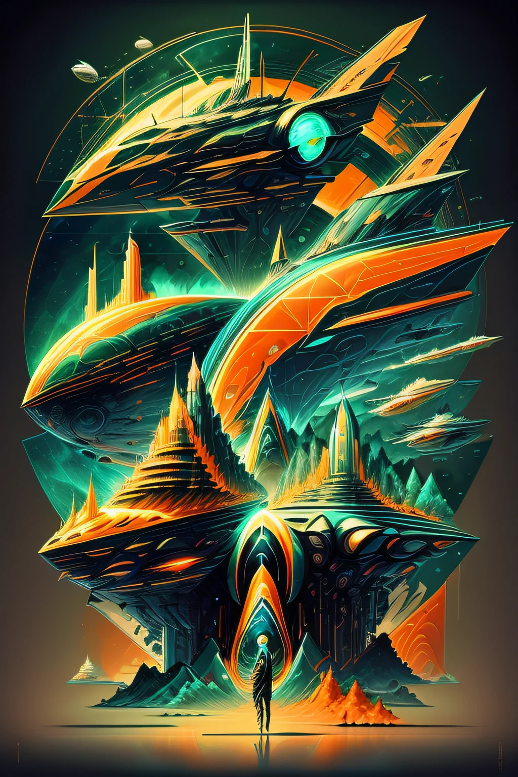 A minimalist, t-shirt design with a vintage twist, inka futuristic abstract art, showcasing nature, spaceships, three colors, orange, blue, green, cool, print, silhouette, futuristic inka people.