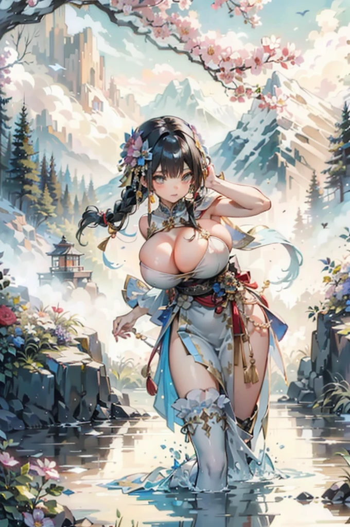 (((best quality))),((ultra-detailed))the picture is an image of a woman dressed in an asian style dress, breasts, flower, outdoors, cleavage, large breasts, mountain, hair ornament, thighhighs, hair flower, braid, long hair