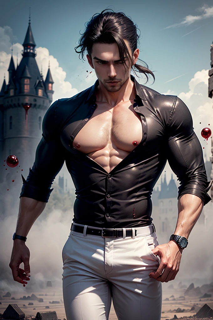Vampires are handsome, Slim, male body, Detailed faces, Detailed body, wear black suit, blood spatter, black hair color hair, ear nipple ring, Old strange castle in the background, blood floating.black shirt,White trousers,Wrist watch