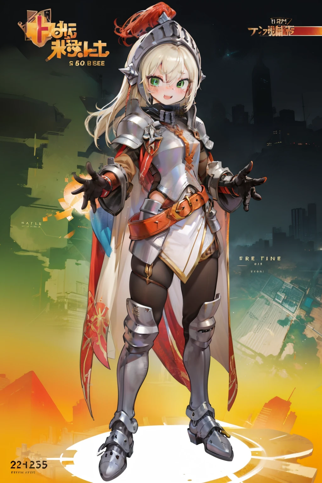 (masterpiece, best quality, ultra-detailed, highres, illustration:1.1),original,extremely detailed wallpaper,official art,nice hands,perfect hands,dumbface ,1girl, solo, looking at viewer, smile,blonde hair ,long hair,armor, green eyes, weapon, belt, sword, cape ,helmet ,gauntlets ,black gloves, standing, full body ,victory pose, V