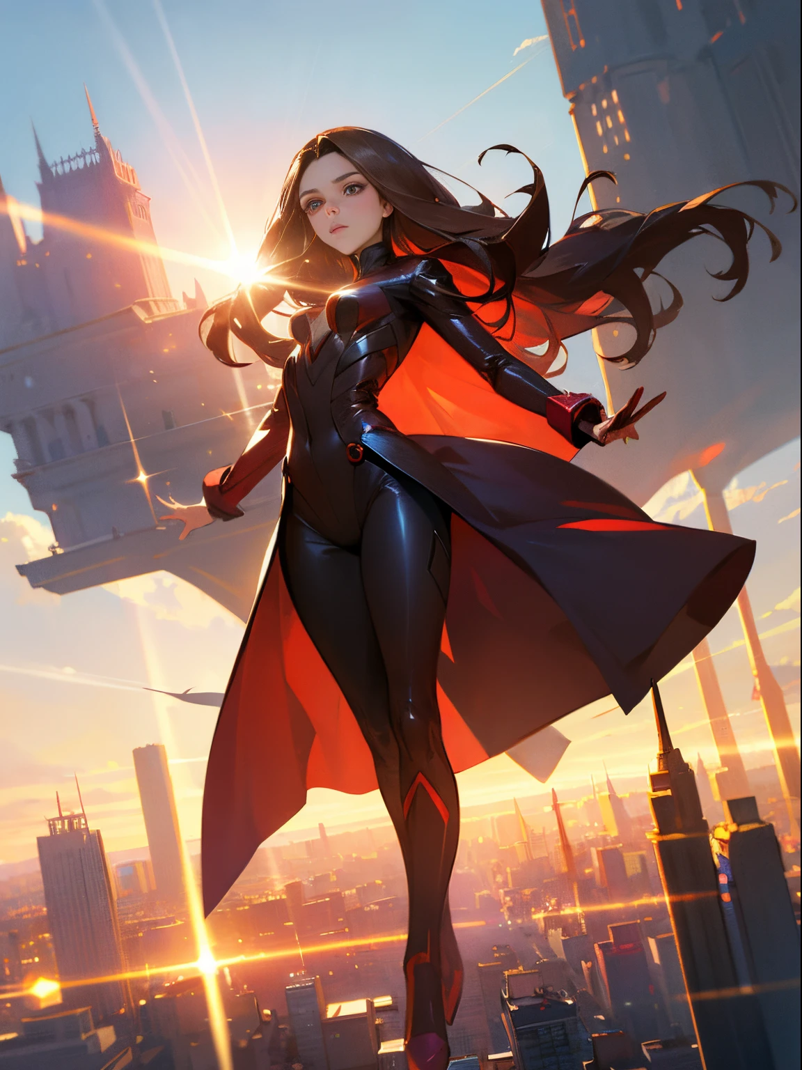 (masterpiece), (best quality), Elizabeth Olsen as Scarlett Witch. Long brown hair. Cybersuit uniform. Floating in mid air. Outdoor, sunlight, sun flare, sunlight behind her. full body shot. City background. Perfect proportions.