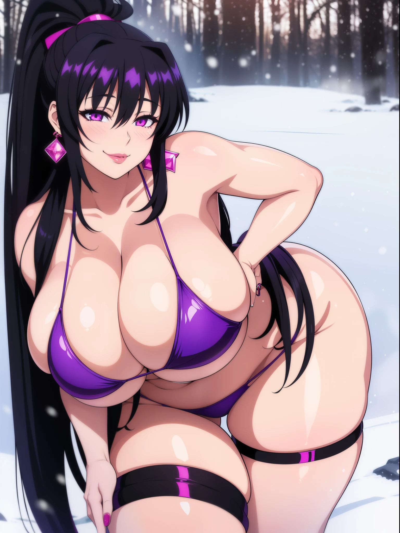 Akeno Himejima, 1girl, (((bimbo))), long black hair, purple eyes, ear rings, (((bimbo))), puffy lips, painted lips, thick lips, erotic smile face, wide hips, thick thighs, huge round ass, enormous natural breasts, shiny oily breasts, purple bikini, cleavage, woods, snowing, Christmas,