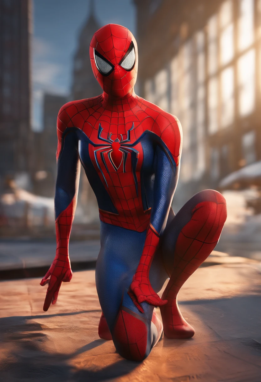 Full body photo of female Spiderman, atmospheric scene, (1girl, detailed beautiful face, big, breasts, big butt, detail skin texture, ultra-detailed body:1.1), rear view, masterpiece, best quality, UHD, masterpiece, super detail, high details, high quality, award winning, best quality, highres, 16k