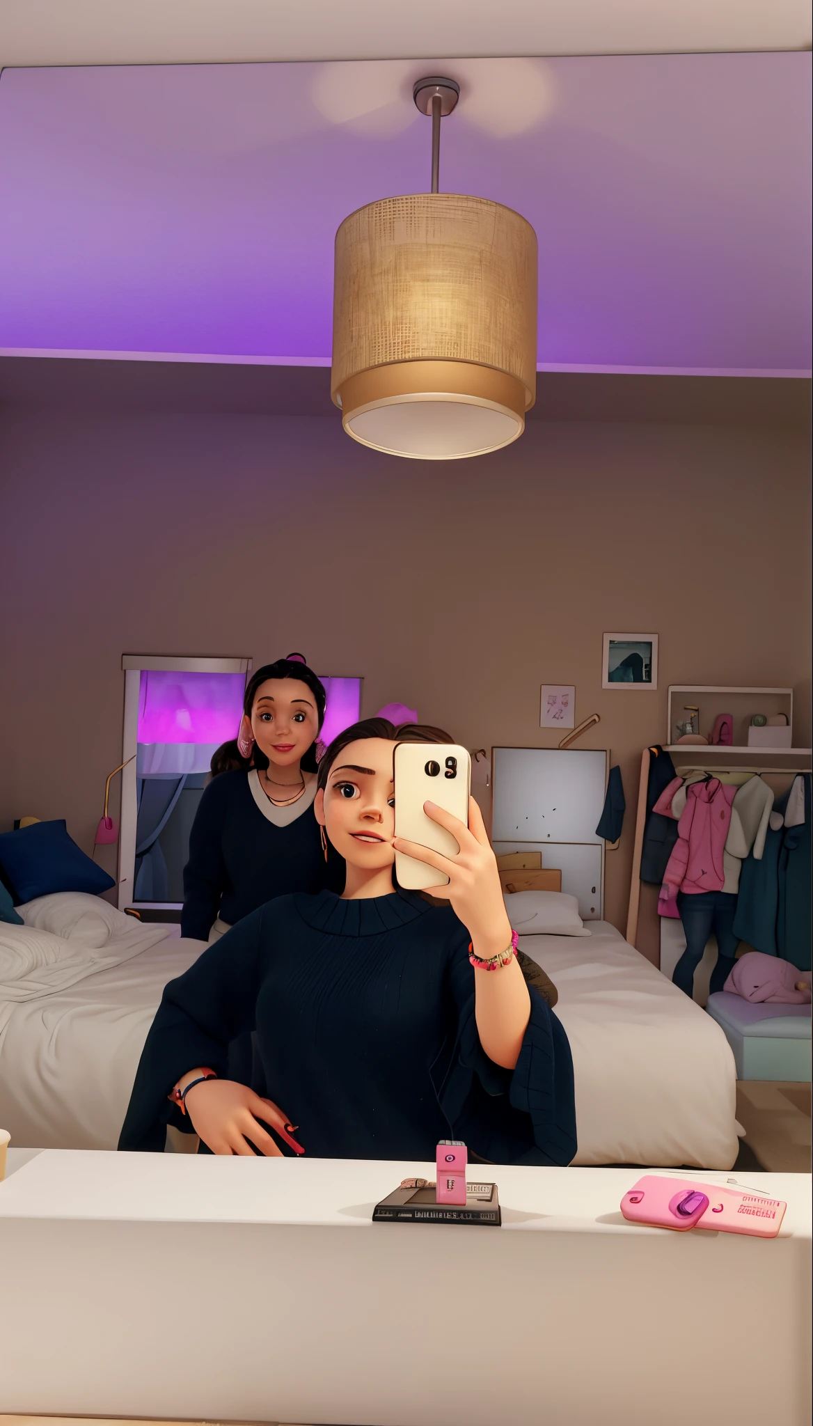 there is a woman taking a picture of herself in the mirror, low quality video, roomies, posing in a bedroom, mirror selfie, annoying sister vibes, low quality footage, in her room, in the bedroom at a sleepover, older sister vibes, iphone selfie, instagram story, with a twin, neon lights in the background, accidentally taking a selfie