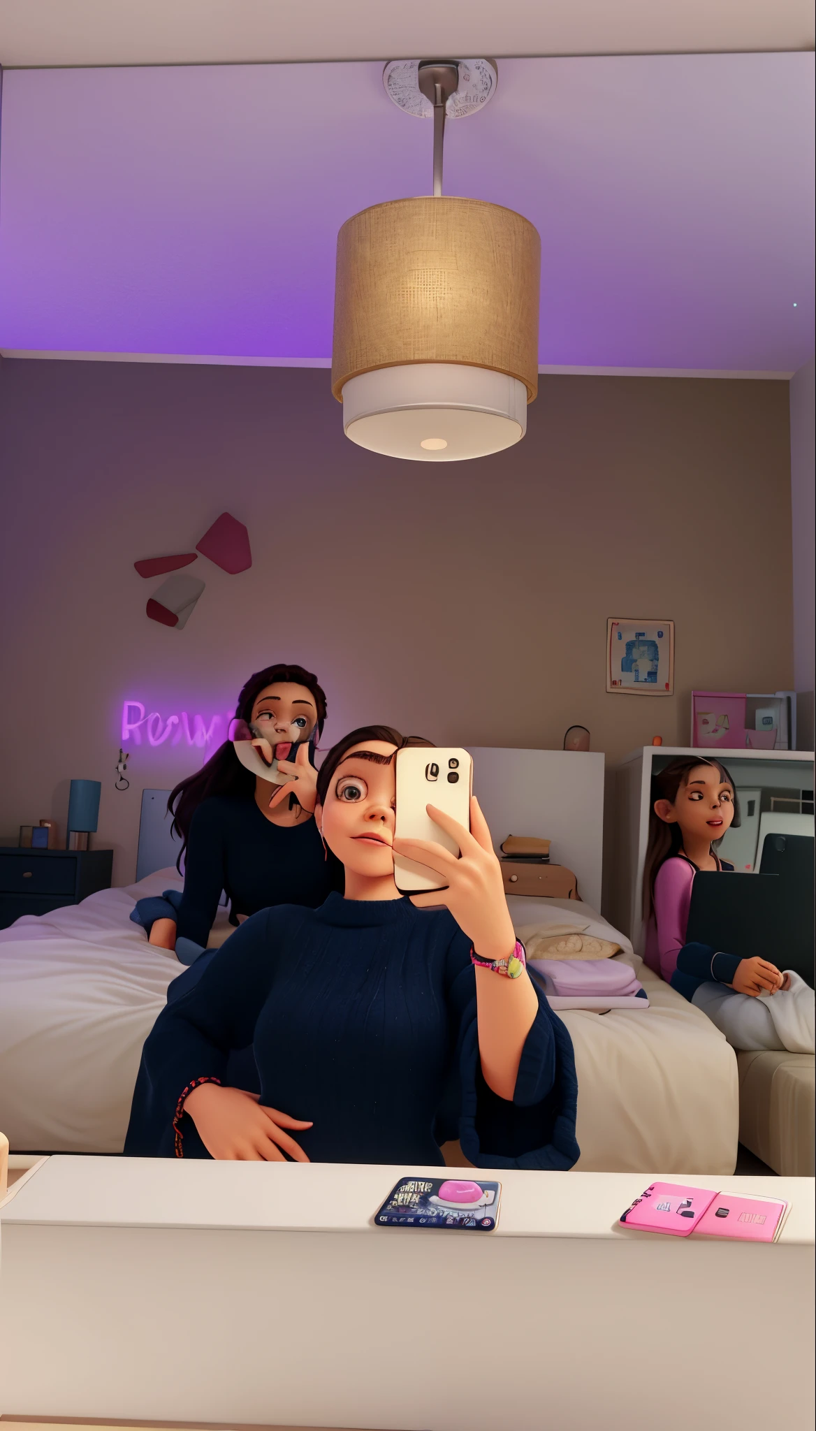 there is a woman taking a picture of herself in the mirror, low quality video, roomies, posing in a bedroom, mirror selfie, annoying sister vibes, low quality footage, in her room, in the bedroom at a sleepover, older sister vibes, iphone selfie, instagram story, with a twin, neon lights in the background, accidentally taking a selfie