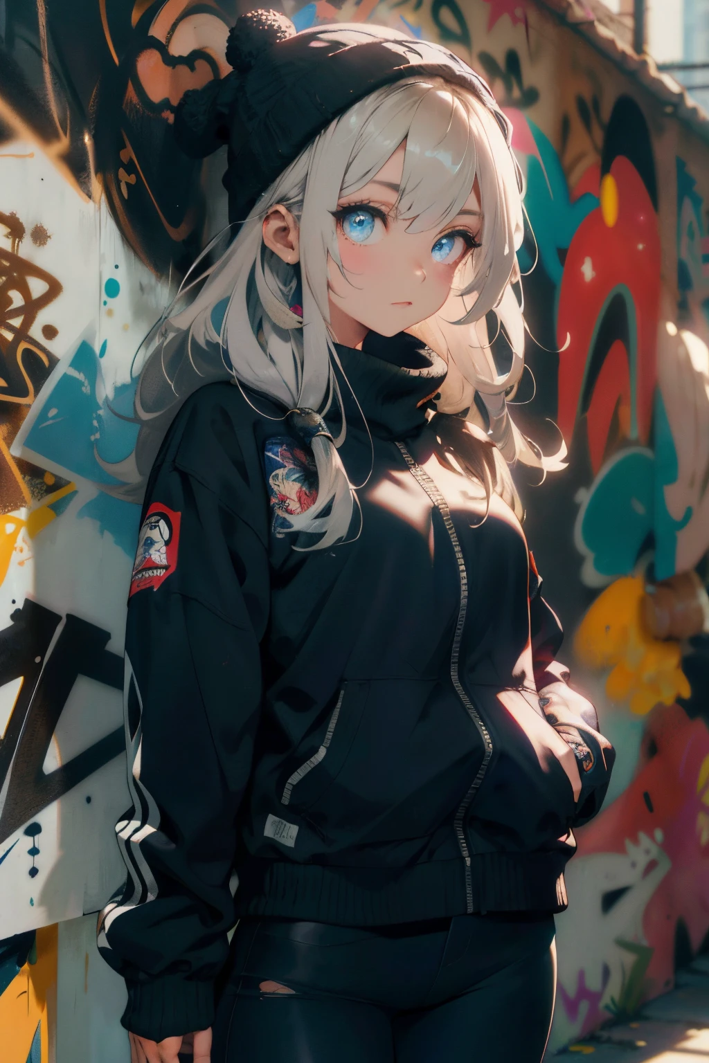 make realistic,(nmasterpiece,top Quority,best qualtiy,offcial art),ighly detailed,Colorful,best detailed,fairy chalet,Broad background,Kamimei,length hair,cabelos preto e longos,Beautiful woman、(masterpiece:1.2、top-quality)、(graffiti wall:1.2)、1lady、Beanie、jaket、leggins、blue eyess、full bodyesbian、