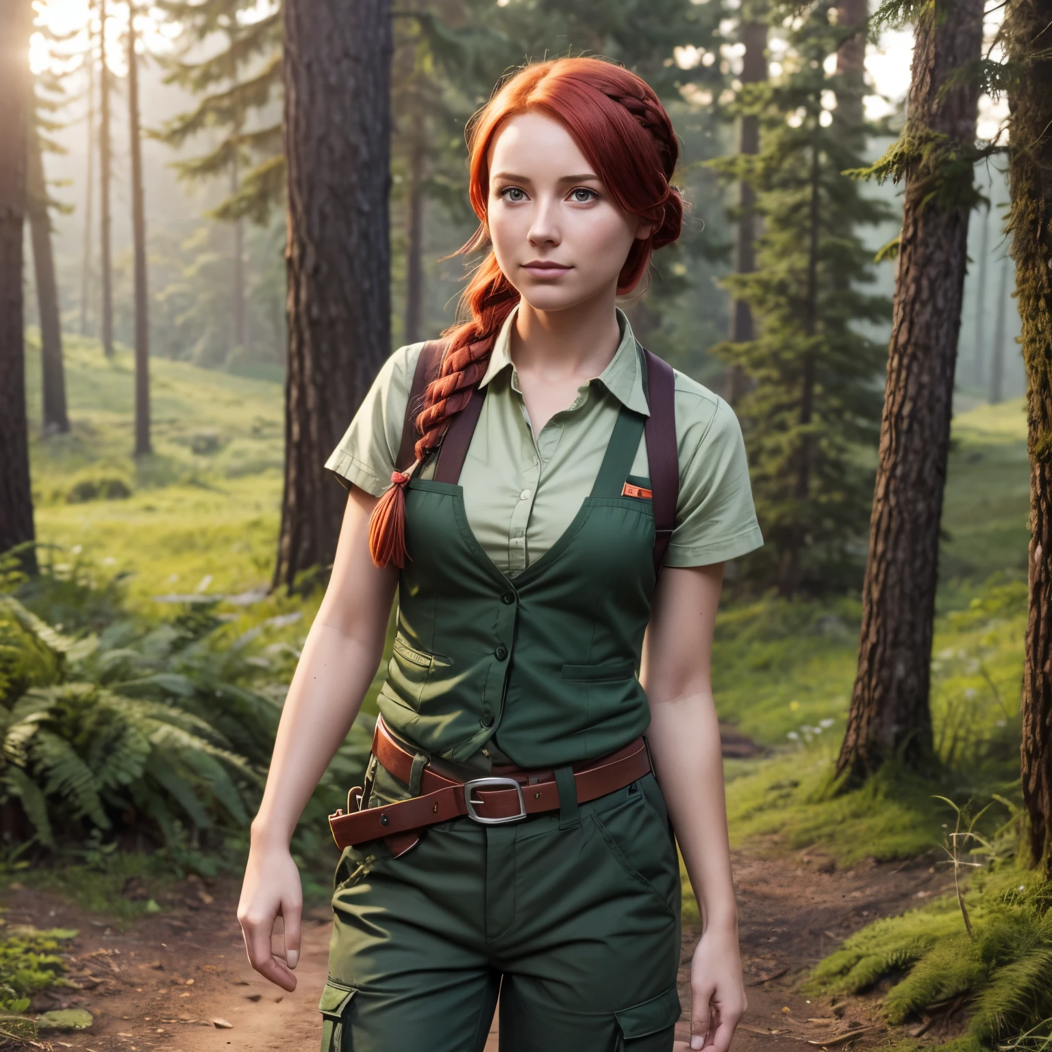 1 girl, Stardew valley Leah, red hair, 25 years old, single braid, green short sleeve shirt, dark green vest, dark gray cargo pants, tan hiking boots, wearing belt, small amount of tummy showing, foraging in the woods