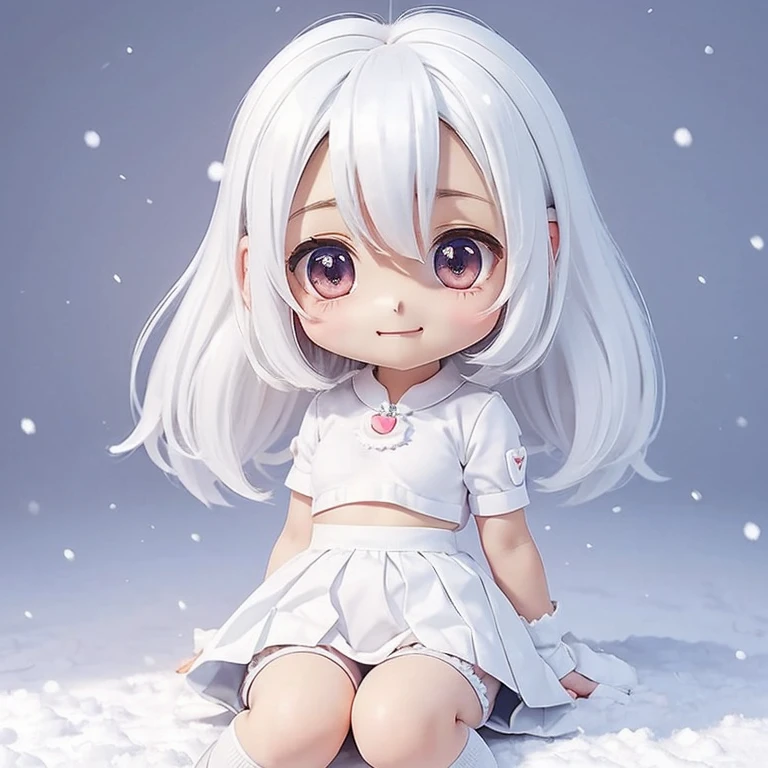 girl, (()), medium hair, ((small breasts)), shorts under skirt, white hair, kawaii, (((chibi))), snow, white kneehighs, light smile, looking at viewer, uwabaki, (sitting), full bodyesbian