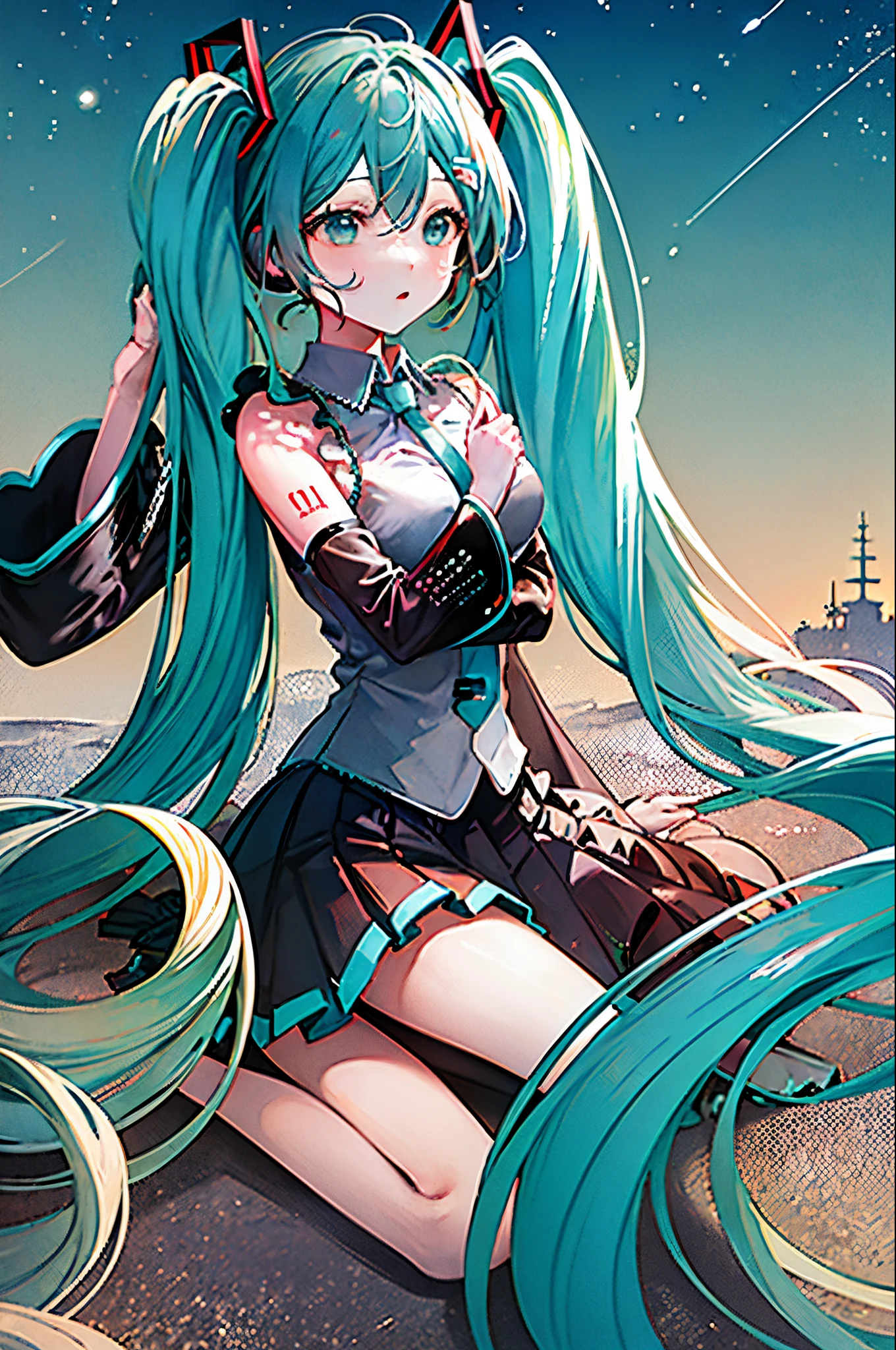 (((miku hatsune))),octans, 天空, stele(天空), landscapes, starrysky, natta, 1girl in, nigh sky, 独奏, plein air, built, 云, milkyway, sitting on, The tree, length hair, 城市, silhuette, Cityscape