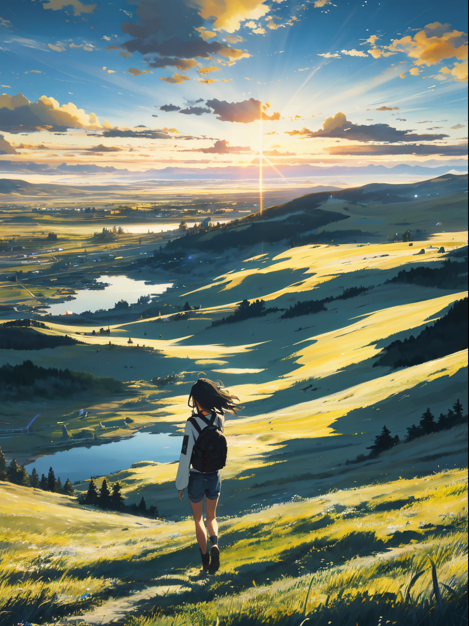 The vast sky, beautiful skyline, large grasslands, extremely tense and dramatic pictures, moving visual effects, the high-hanging Polaris, and colorful natural light. A girl with a long-sleeved top, denim shorts, and a backpack on her back. There are Russian buildings on the ground not far away.