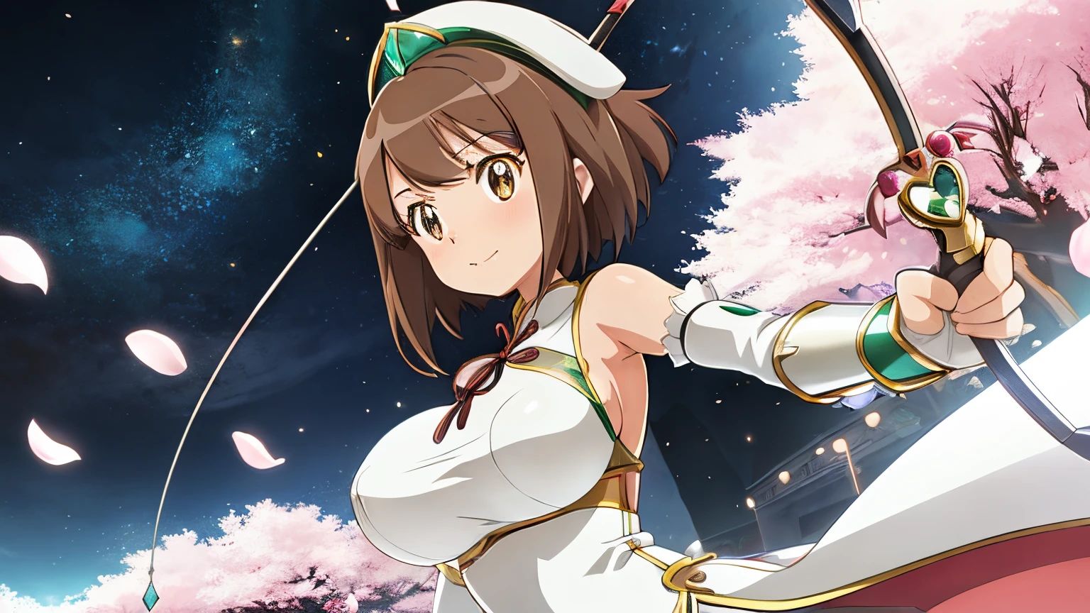 Anime girl in a white cheongsam with a bow and arrow, Knight of Sodiak Girl, Sodiak Girl Portrait Knight, Short brown-haired girl, Brown-eyed girl, Chignon Cap, White cheongsam, Emerald armor, Dress Armor Girl, seductive princess knight, anime fencer, Smooth Anime CG Art, oppai, huge tit, short, a beauty girl, sakura petals around her, shuushuu anime image, Princess Knight, princess intergalactica, Crystal Emerald Armor, Emerald Princess, Emerald reflective armor, High quality anime art style,