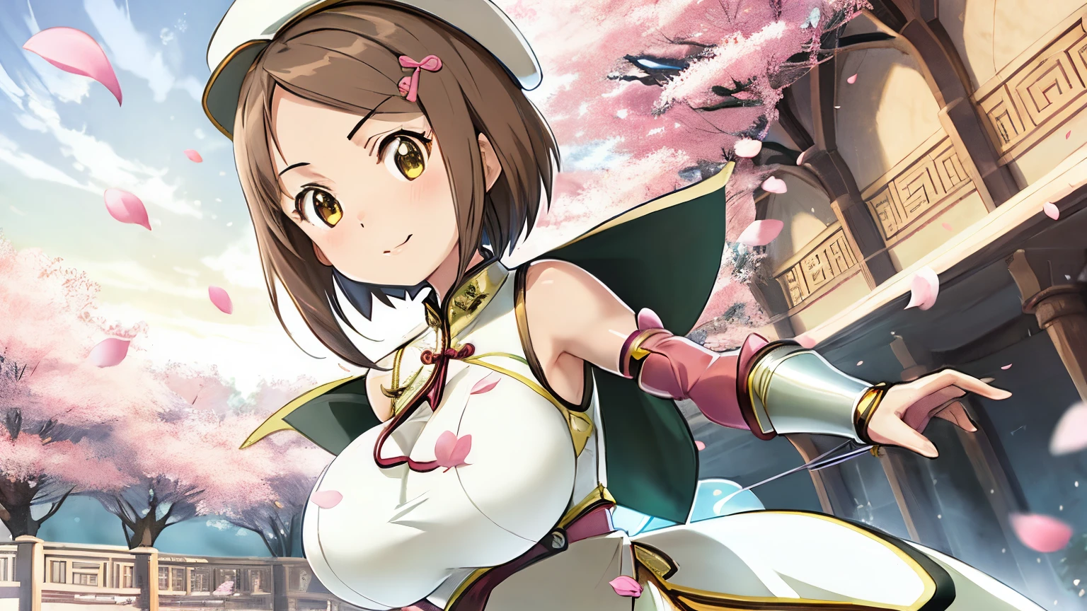 Anime girl in a white cheongsam with a bow and arrow, Knight of Sodiak Girl, Sodiak Girl Portrait Knight, Short brown-haired girl, Brown-eyed girl, Chignon Cap, White cheongsam, Emerald armor, Dress Armor Girl, seductive princess knight, anime fencer, Smooth Anime CG Art, oppai, huge tit, short, a beauty girl, sakura petals around her, shuushuu anime image, Princess Knight, princess intergalactica, Crystal Emerald Armor, Emerald Princess, Emerald reflective armor, High quality anime art style,